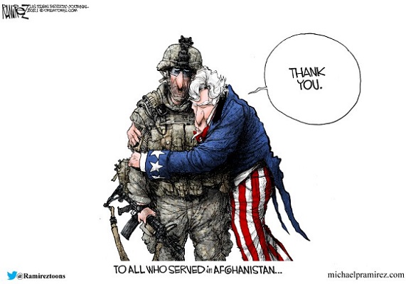 Uncle Sam thanking Afganistan Vets I and I Michael Ramirez mrz082221_color Lucianne.com