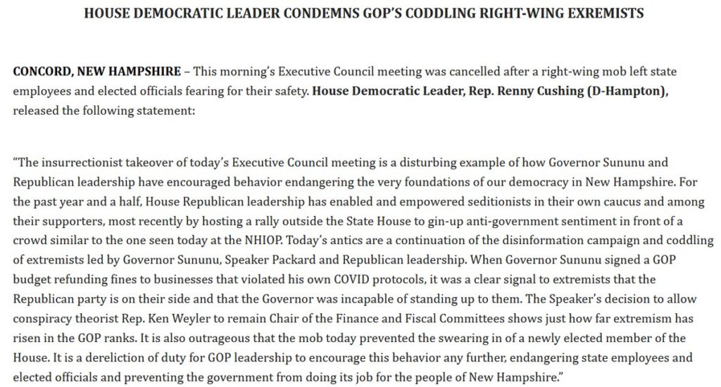 Screenshot of NH House Dem Statement