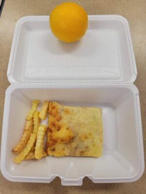 A good lunch at Dover public schools cold pizza six fries and a tangerine