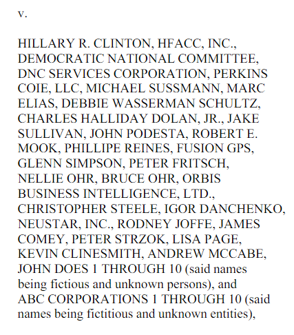 Trump v Clinton etc lawsuit screen grab of defendnats names