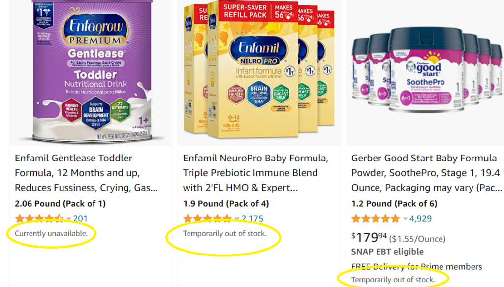 Baby formula out of stock Amazon US