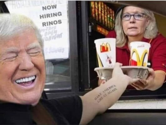 Liz Cheney working at McDonalds Trump in the drive thru