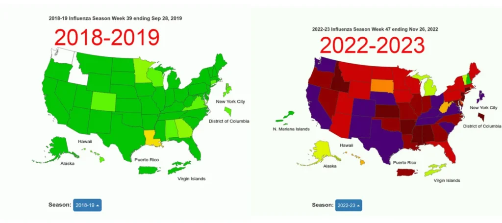 CDC Flu Map new scary colors and double counting