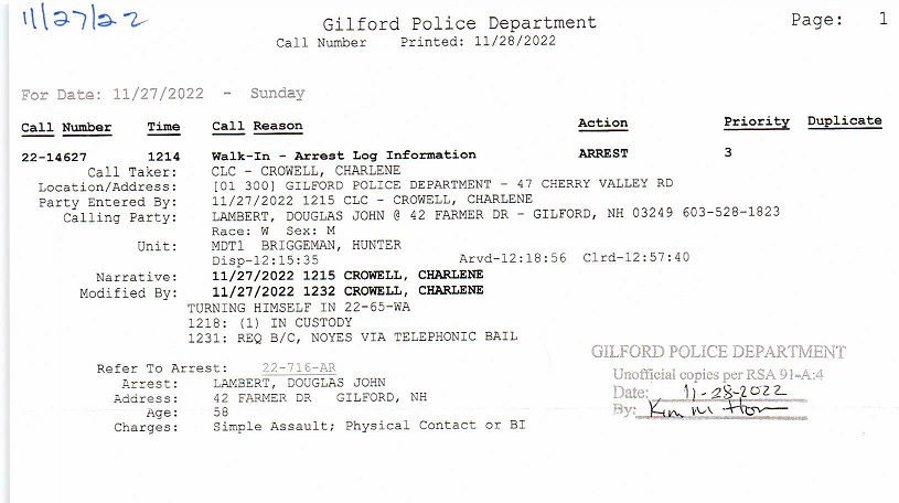 Lambert - Arrest log report 2022-11-27 Giford Police Dept