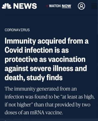 NBC news natural immunity as good or better than clot shots