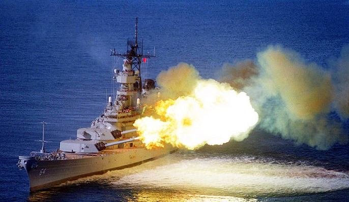 USS Wisconsin firing her 16 inch guns during Desert Storm